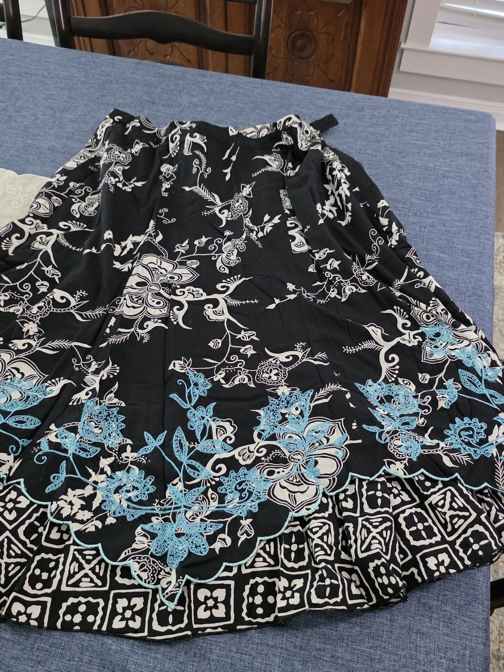 Women's Black Floral Embroidered Skirt with Turquoise Accents